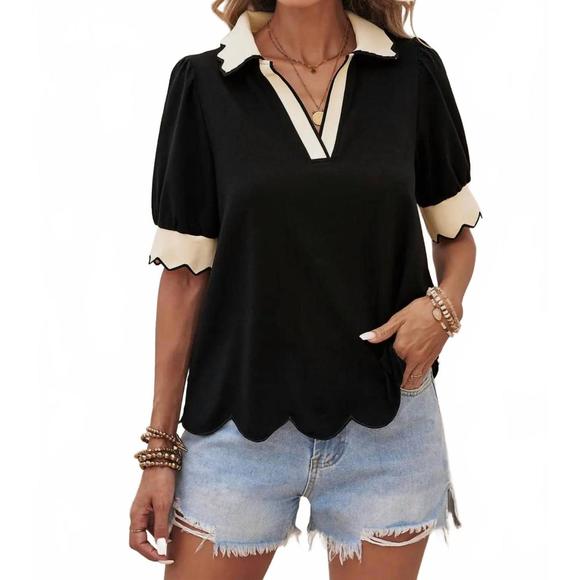 NEW LITTLE DAISY CLOSET taya contrast ruffle collared blouse in black & white - Picture 1 of 5